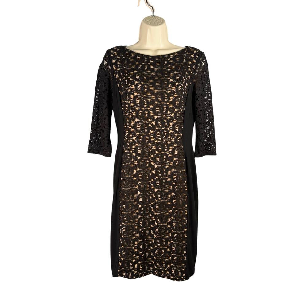 Anne Klein Dress 4 Black Nude Lace Sheer Half Sleeves Party Special Occasion